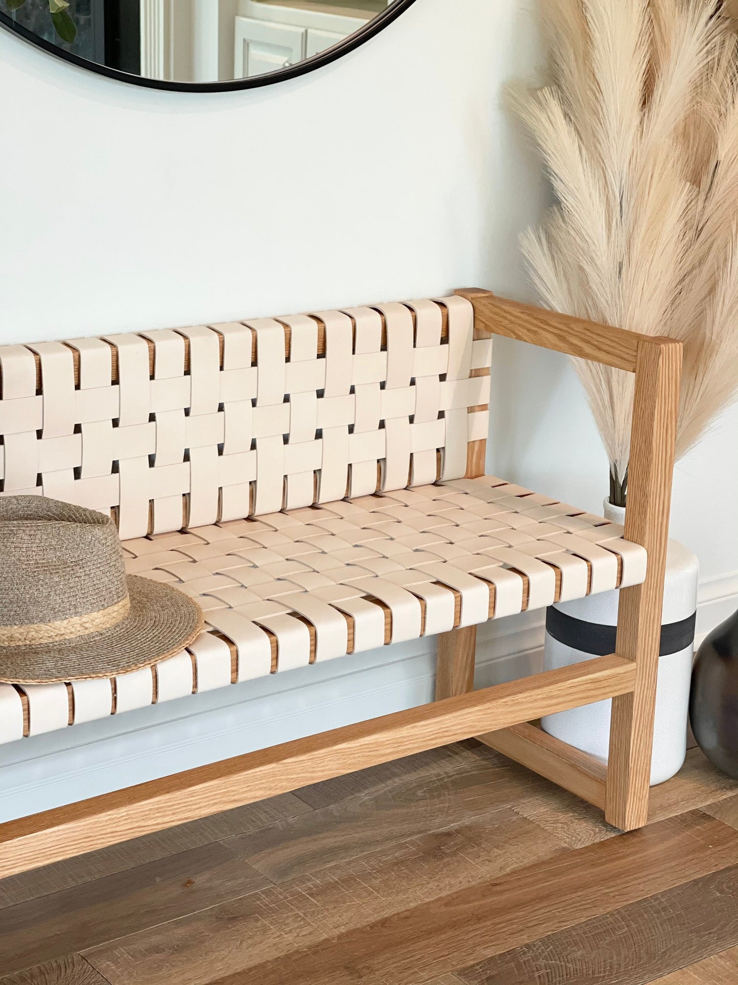 Woven Leather Bench with a Back in Natural Oak-Tanned Leather