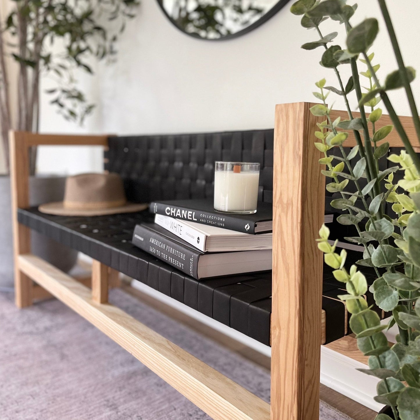 Woven Leather Bench with Back in Matte Black