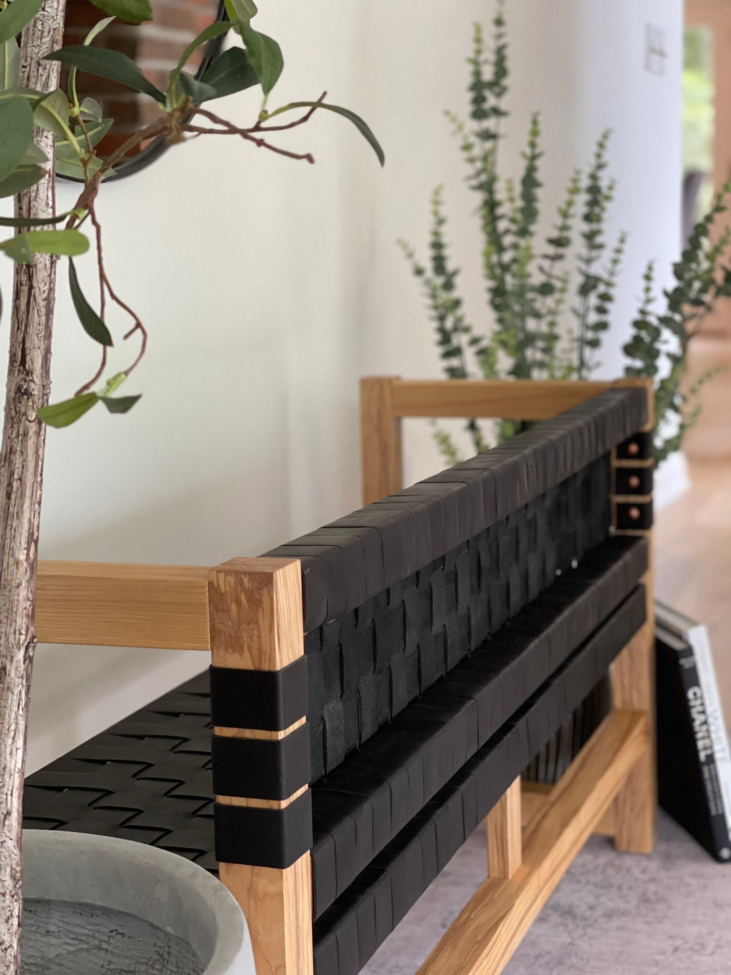 Woven Leather Bench with Back in Matte Black