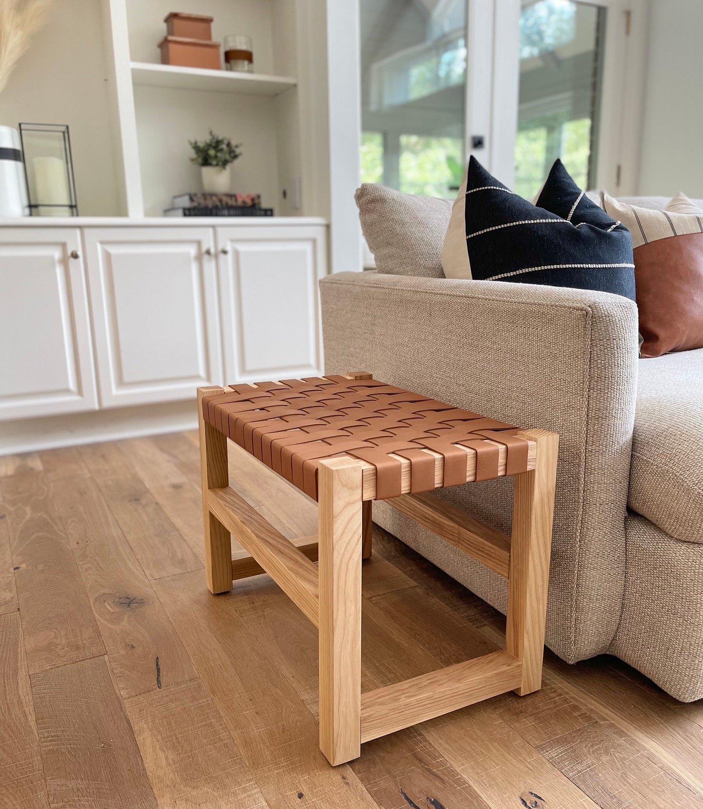 Woven Leather Bench in Cognac Tan