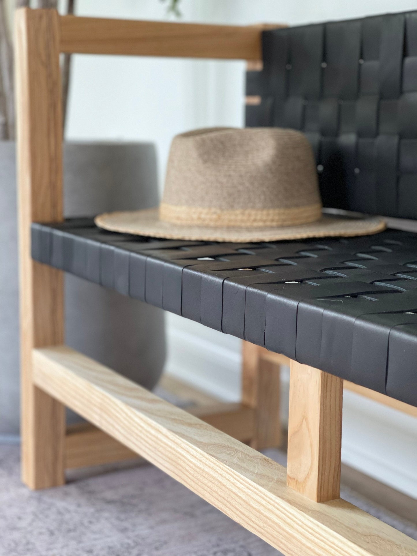 Woven Leather Bench with Back in Matte Black