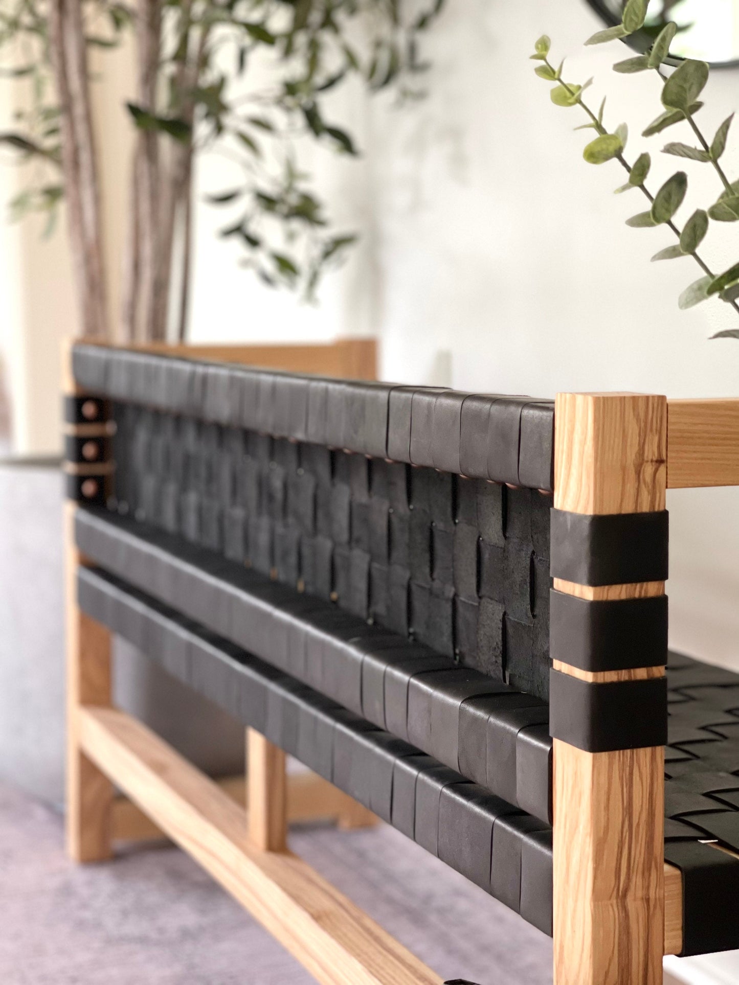 Woven Leather Bench with Back in Matte Black