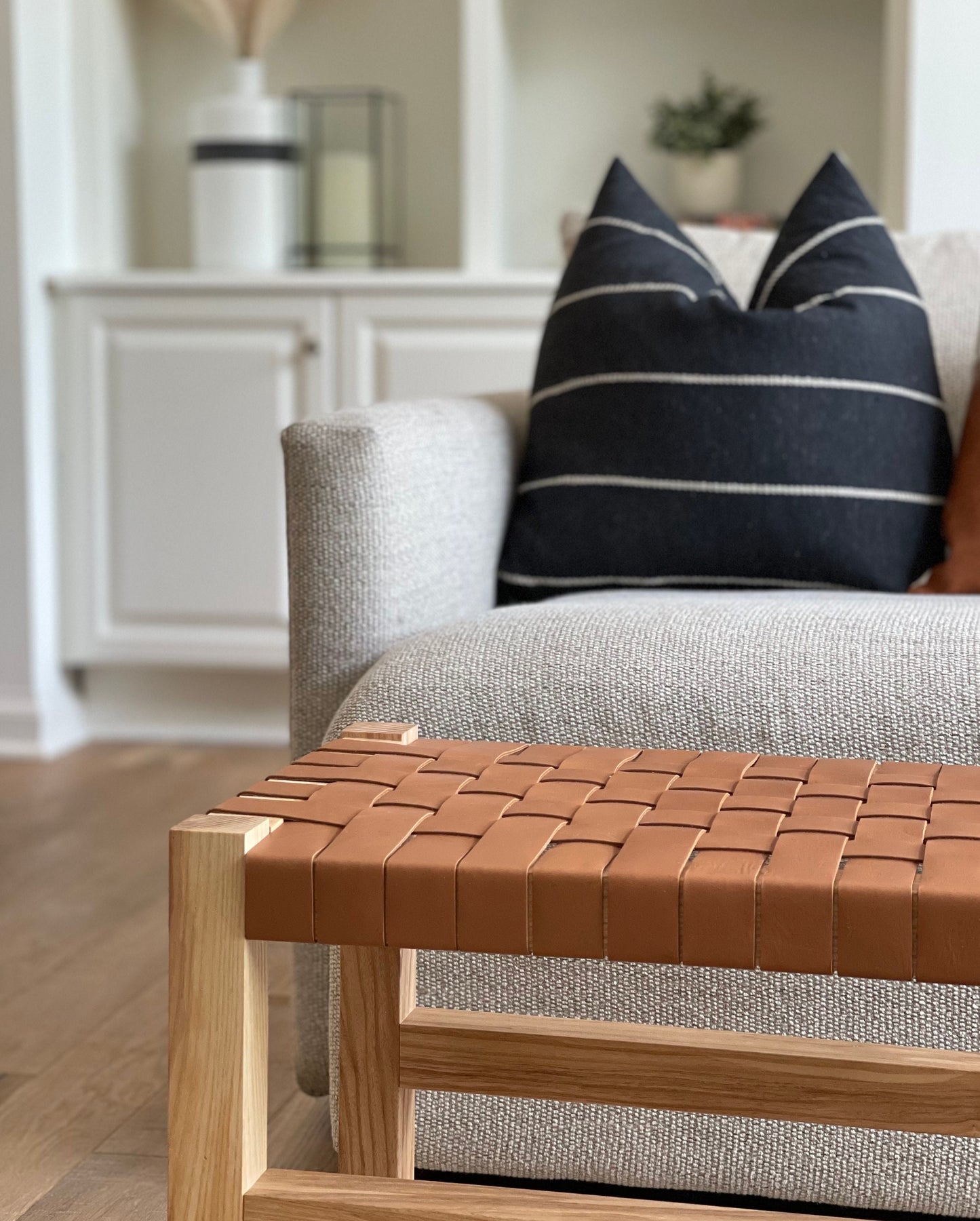 Woven Leather Bench in Cognac Tan