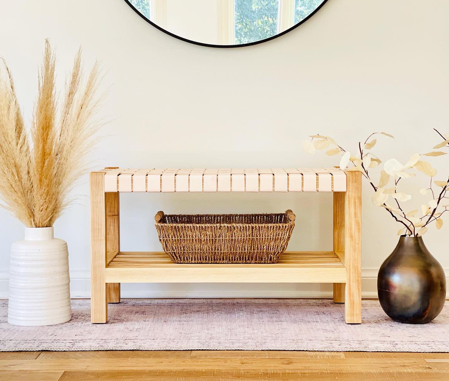 Woven Leather Bench with Builtin Storage in Natural Oak-tanned