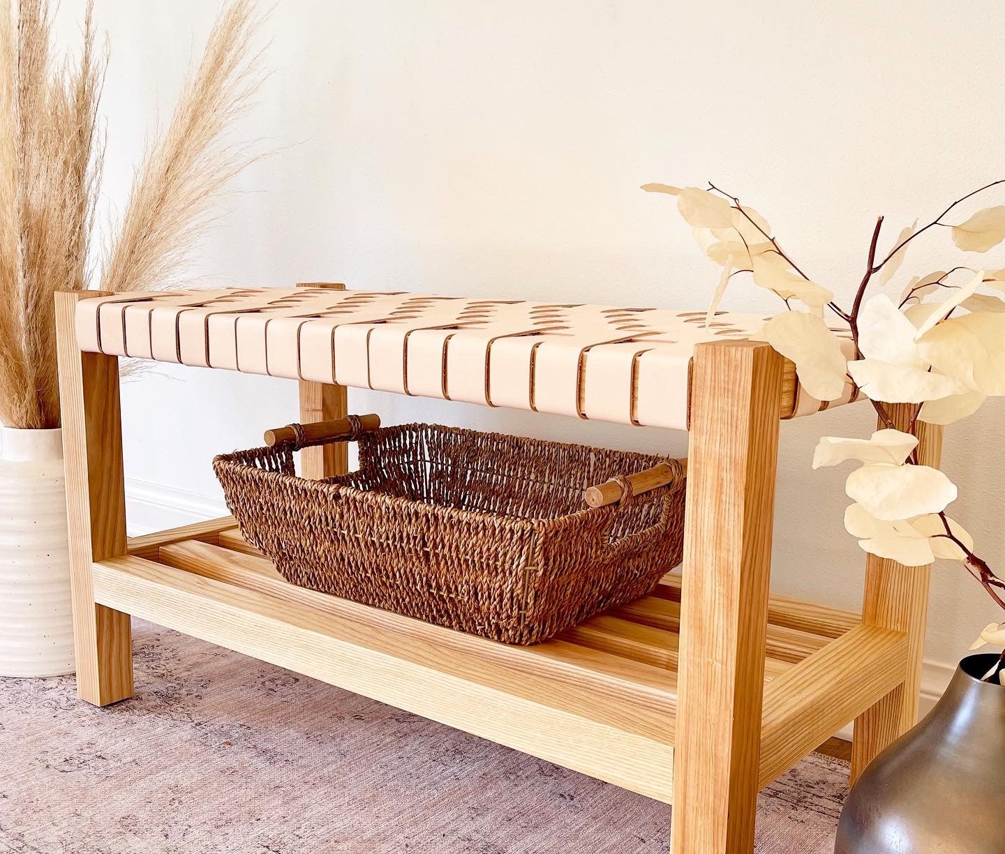 Woven Leather Bench with Builtin Storage in Natural Oak-tanned