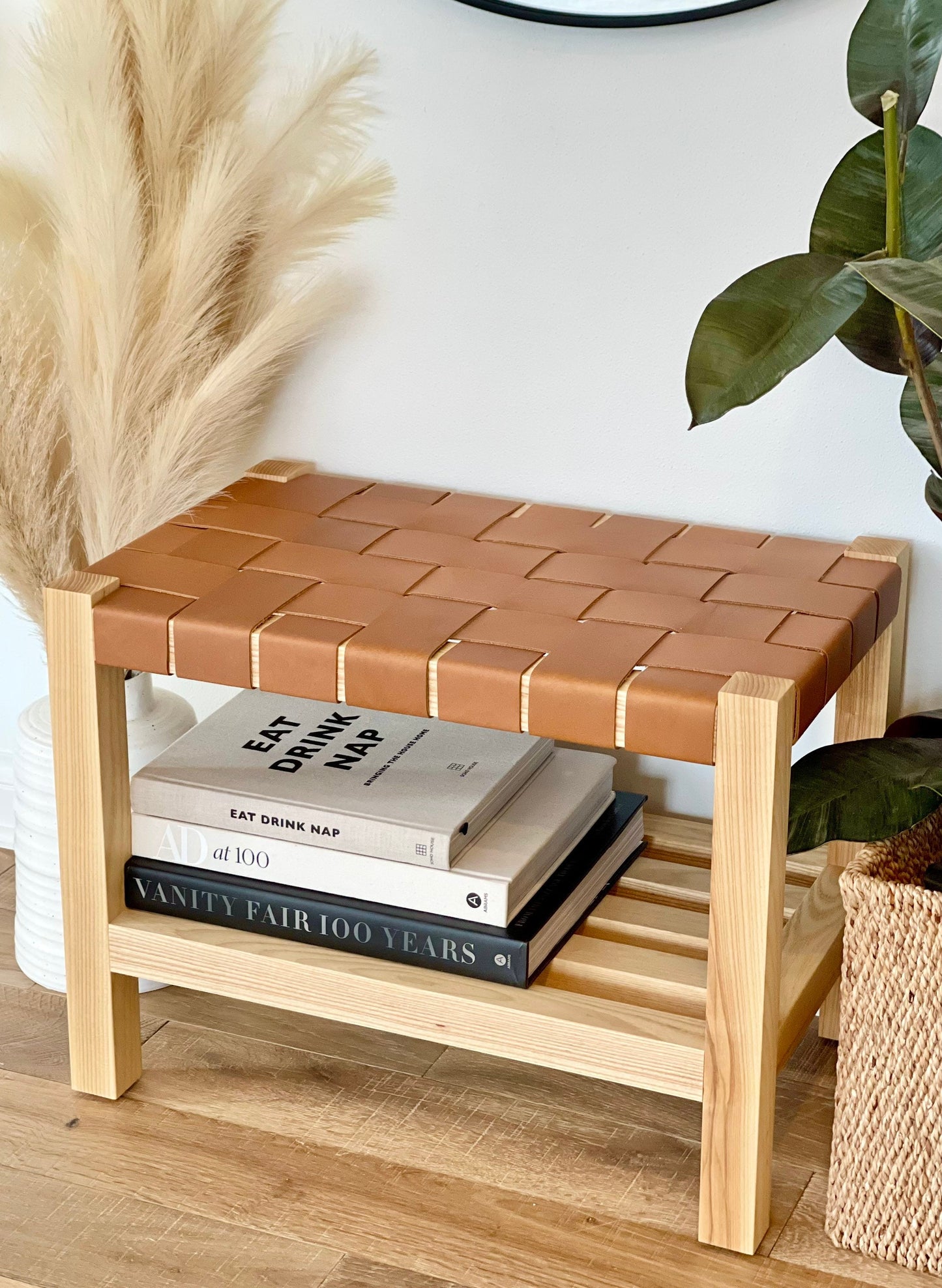 Woven Leather Bench with Builtin Storage in Cognac Tan