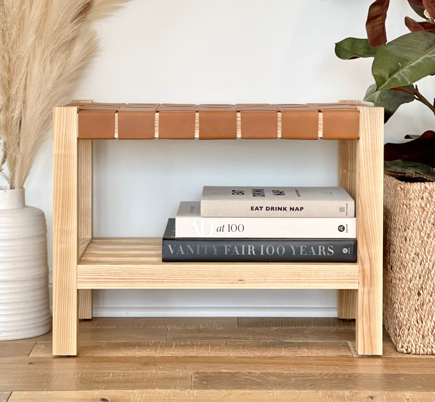 Woven Leather Bench with Builtin Storage in Cognac Tan