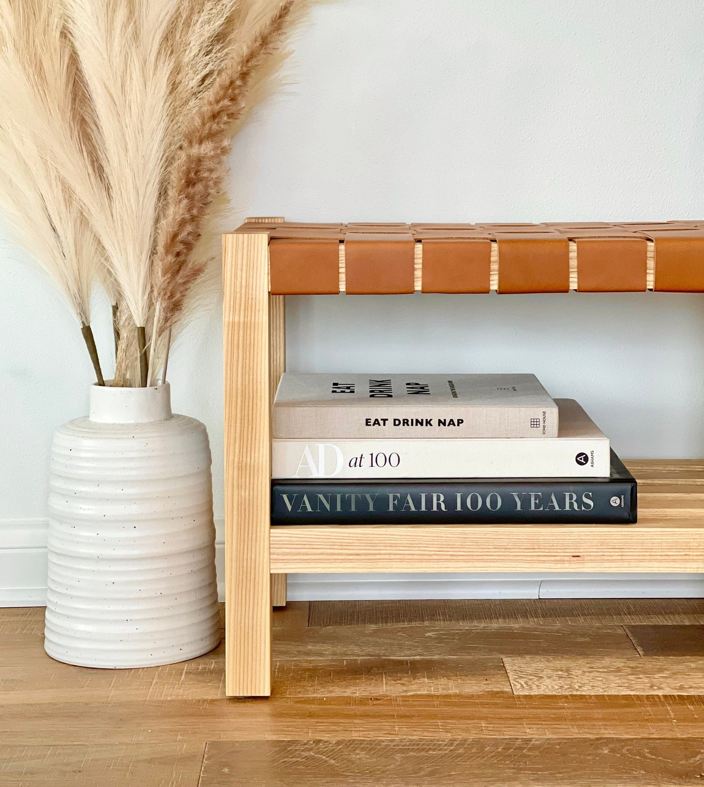 Woven Leather Bench with Builtin Storage in Cognac Tan