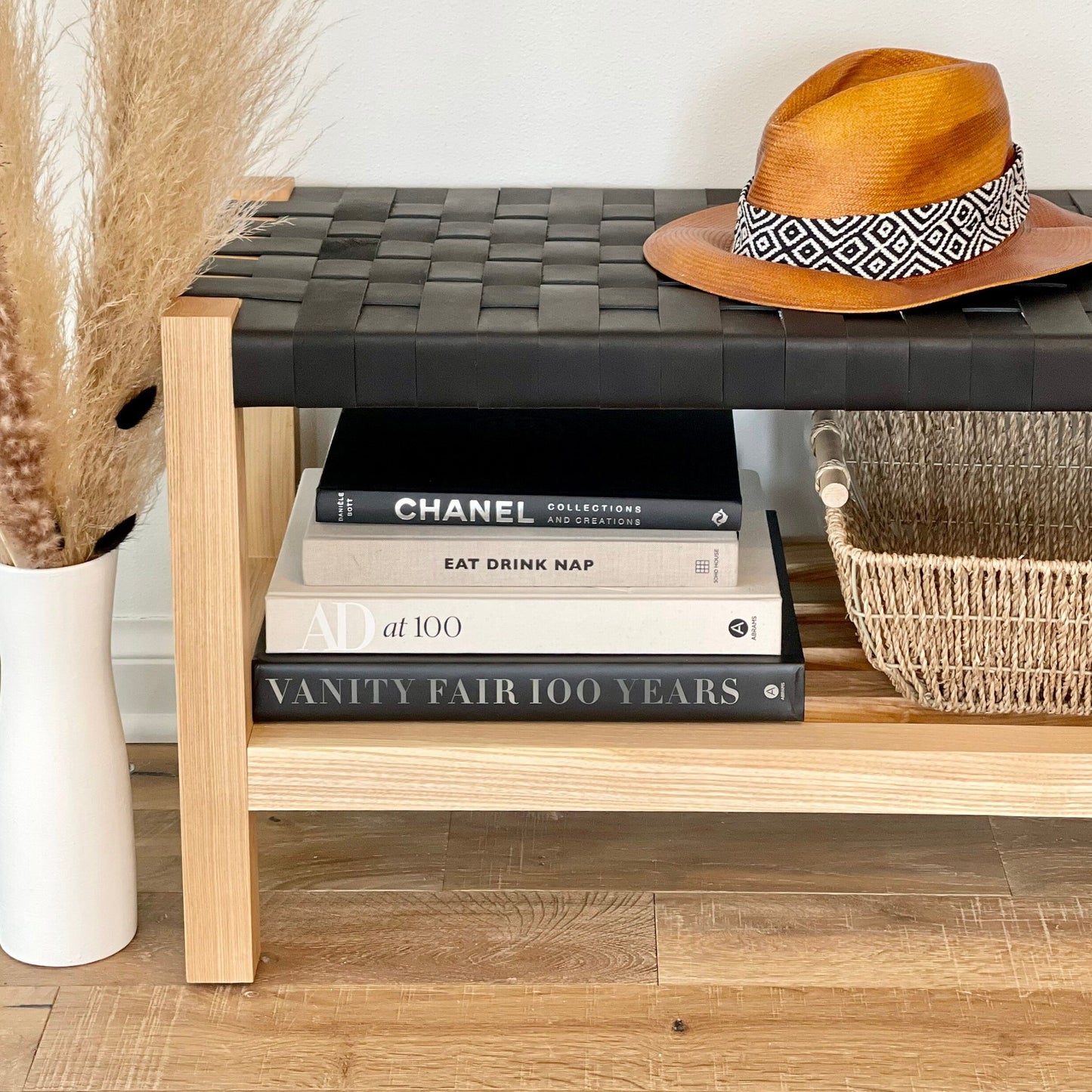 Woven Leather Bench with Builtin Storage in Matte Black