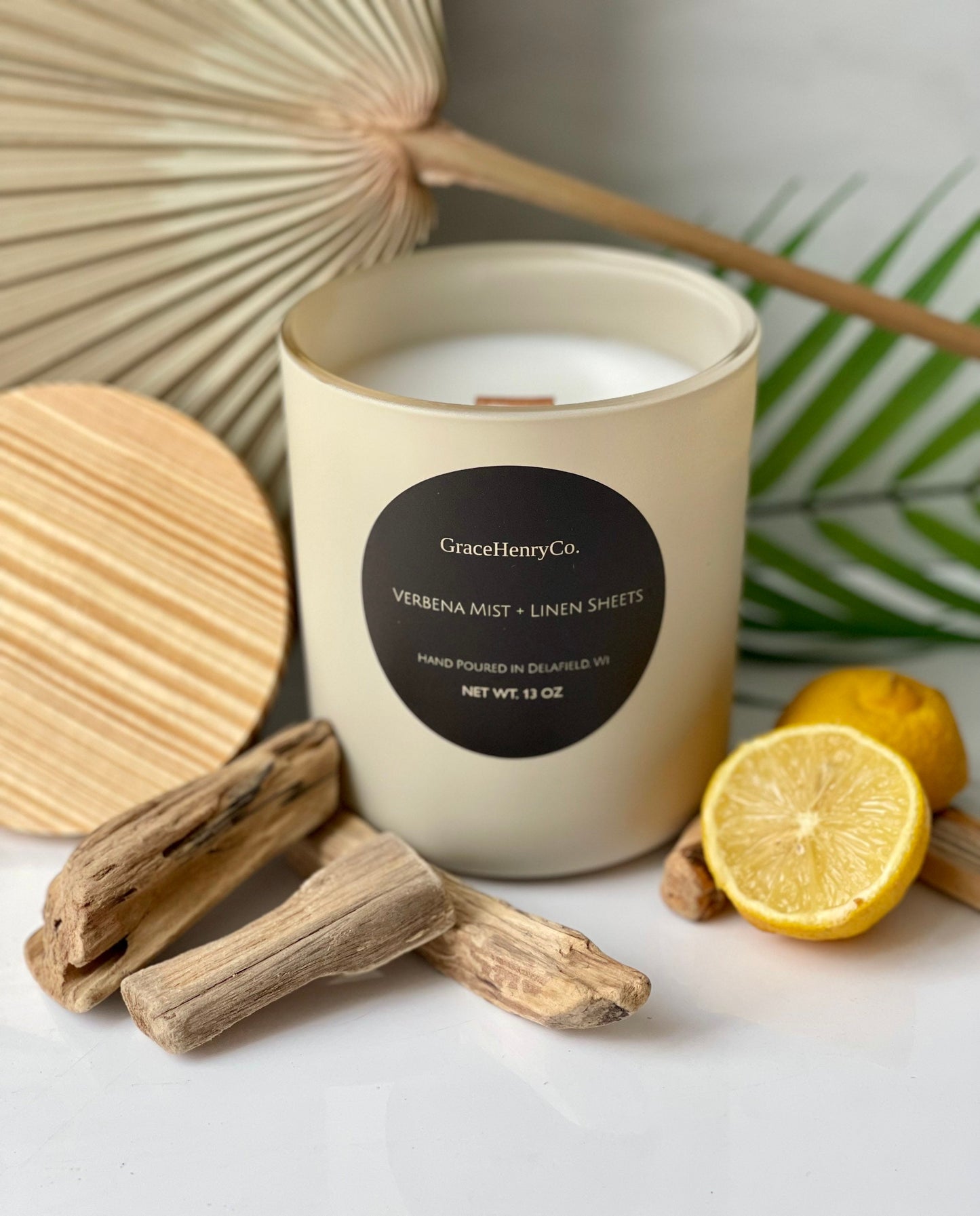 VERBENA MIST + LINEN SHEETS 13oz Wooden Wick Candle