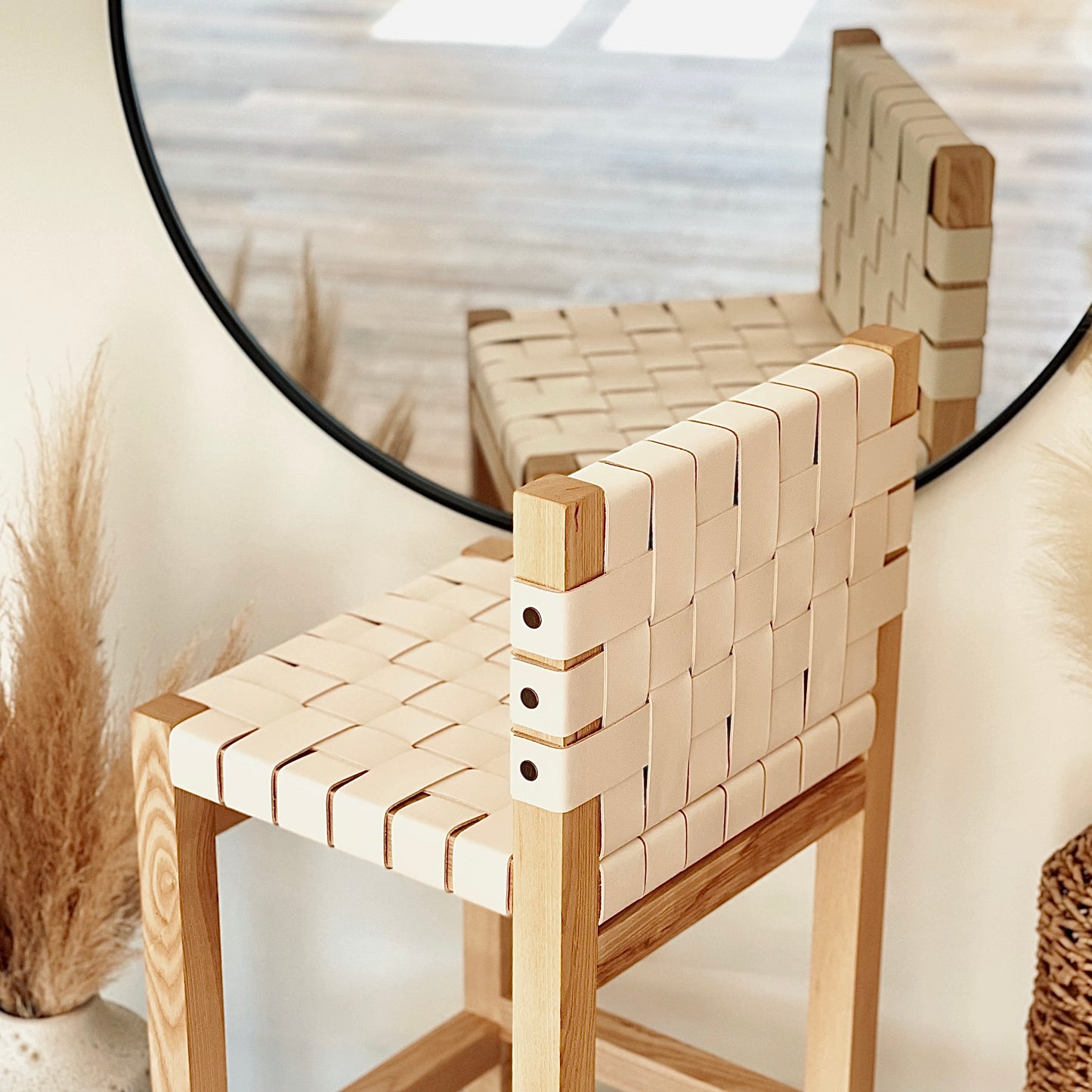 Double Woven Leather Counter Stool with Back in Natural Oak-Tanned Leather