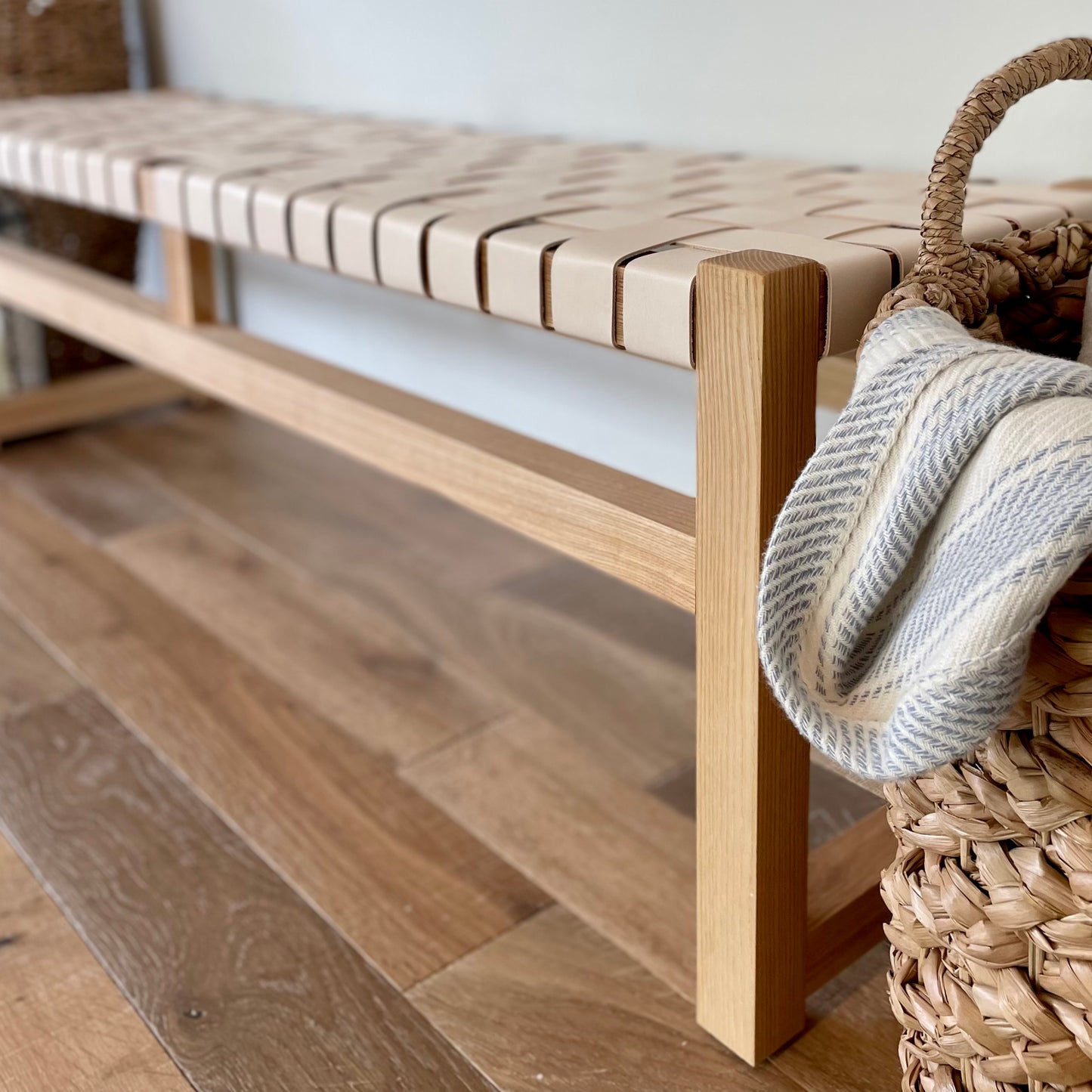 Woven Leather Bench in Natural Oak-Tanned Leather