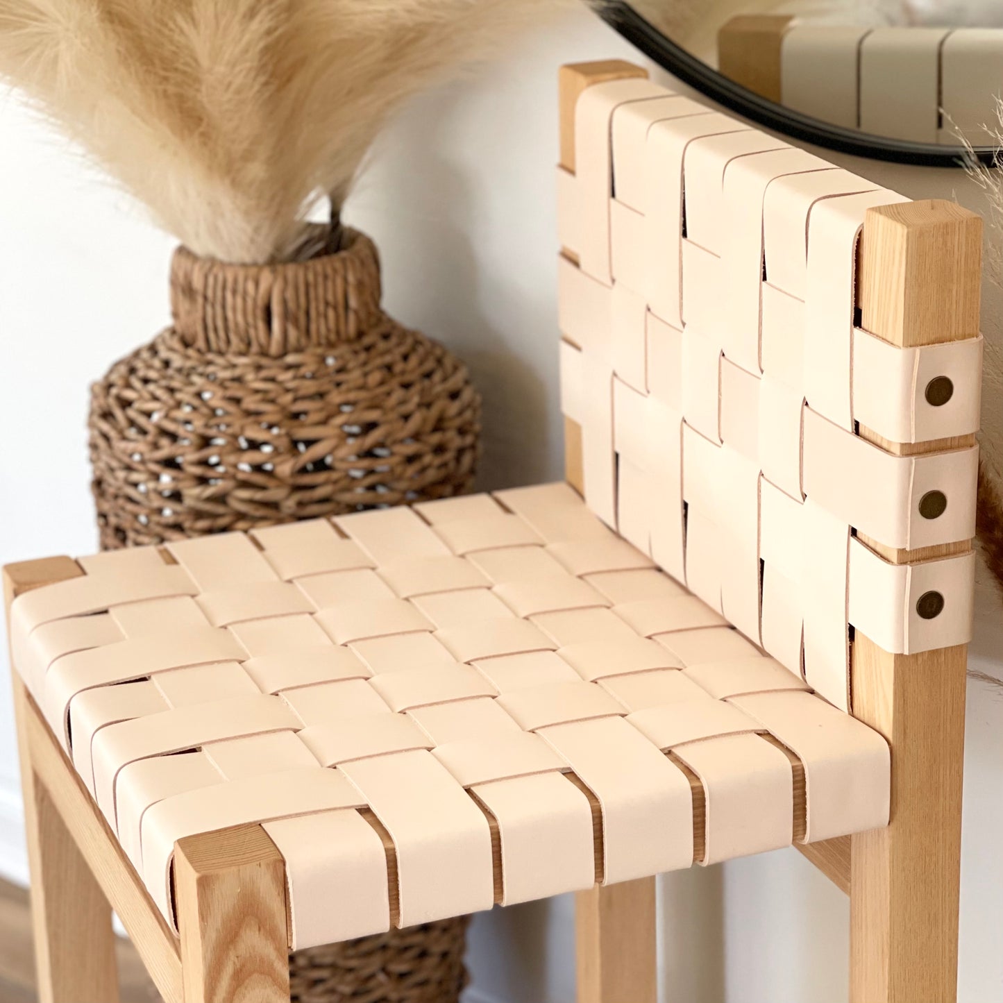 Double Woven Leather Counter Stool with Back in Natural Oak-Tanned Leather