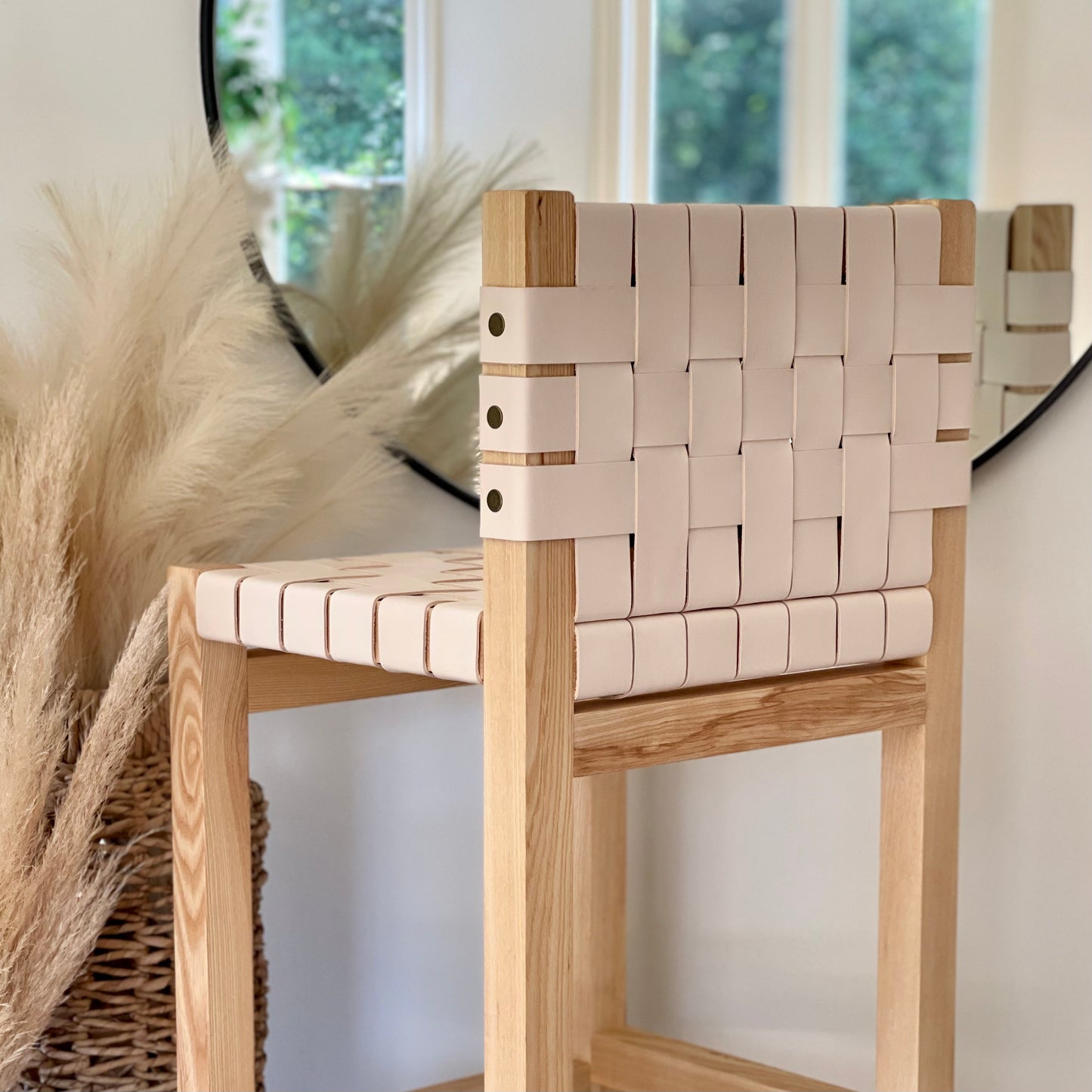 Double Woven Leather Counter Stool with Back in Natural Oak-Tanned Leather